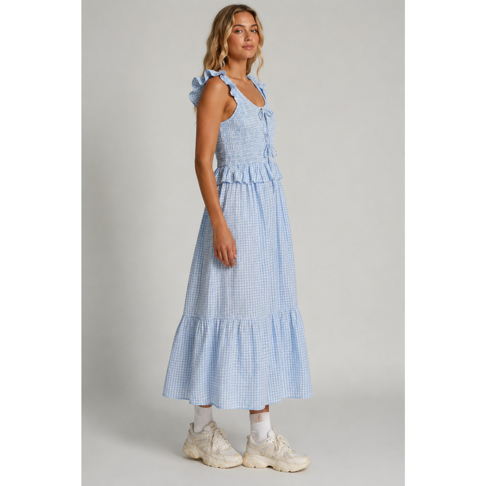 Native Youth Womens Checkered Ruffle Midi Dress Medium Cottagecore Romantic